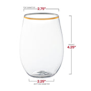 16 oz clear with gold elegant stemless plastic wine glasses, measuring 2.75 inches wide, 4.25 inches tall, and 2.25 inches at the base