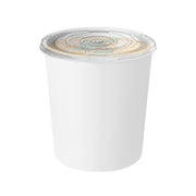 16 oz squat paper soup cups with clear plastic lids keeping chili hot and secure at a busy self-serve soup station
