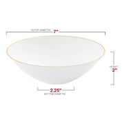 16 oz white disposable plastic soup bowls with a decorative gold rim and round design