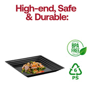 16x16 inch black square serving tray with grooved rim, offering ample space for appetizers or entrees