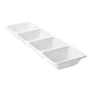 16x5 inch white rectangular disposable plastic tray with 4 sections, perfect for stylish and organized food serving.