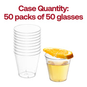 1 oz clear plastic shot glasses, measuring 1" x 3.5", designed for easy handling and stacking