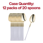 240-case pack of disposable gold moderno dinner spoons with white handles, perfect for large gatherings and catering