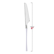 240-count disposable plastic dinner knives, silver with white handles, providing convenient use and disposal at large gatherings.