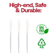 240-count disposable plastic dinner knives, silver with white handles, providing convenient use and disposal at large gatherings