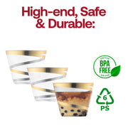 240-count pack of 9 oz round clear plastic cups with an elegant gold swirl accent