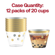 240-pack of 9 oz clear disposable plastic cups with a decorative gold dot design, ideal for weddings, parties, and celebrations