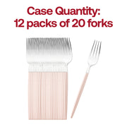 240-pack of Moderno disposable plastic dinner forks with silver heads and pink handles, 8 inches long, ideal for large gatherings