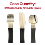 240-piece Moderno disposable plastic cutlery set with gold heads and black handles, perfect for large gatherings, weddings, and catering