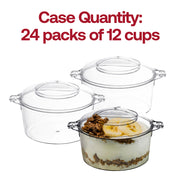 288-count of clear round disposable mini dessert pots, 3.4 oz capacity, 3.25" diameter, perfect for individual portions of desserts.