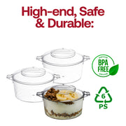288-pack of biodegradable clear round mini dessert pots, 3.4 oz capacity, 3.25" diameter, ideal for eco-friendly single servings.