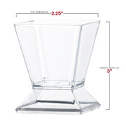 288-pack of clear square disposable mini cups with lids, 3.5 oz capacity, 2.25" x 2.25" size, ideal for desserts or appetizers.