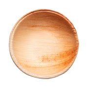 3.5-inch round palm leaf mini disposable sauce bowls with 2.5 oz capacity, perfect for dips, sauces, and tastings