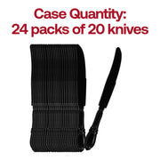 480-pack of black disposable plastic dinner knives with a sophisticated Baroque pattern, great for formal occasions and celebrations