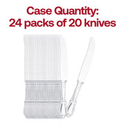 480-pack of clear disposable plastic dinner knives with a sophisticated Baroque pattern, great for formal occasions and celebrations