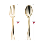 4" gold plastic mini flatware set, adding a touch of sophistication to dessert tables and cocktail parties