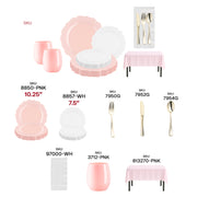 Fancy pearl pink and white lotus-style plates with shiny gold cutlery and pink stemless glasses for a dreamy baby shower setup.