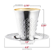 5 oz shiny silver plastic Kiddush cup with a matching saucer, featuring a sleek metallic aluminum finish