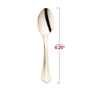 6.25-inch disposable gold plastic spoons with a shiny metallic finish and grooved handle, perfect for easy cleanup, case of 600