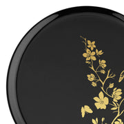 6.25" black pastry plate with full gold floral pattern, perfect for mini desserts and petit fours