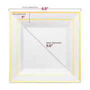 6.5-inch square appetizer plate with gold square edge rim, ideal for serving small starters or desserts.