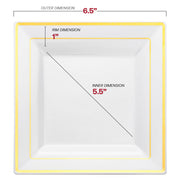 6.5-inch white plastic plates featuring a gold square edge rim, disposable and stylish