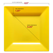 6.5-inch yellow plastic dessert plates with a square design, disposable and sold in a convenient 120-count pack