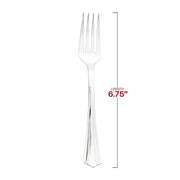 6.75-inch silver plastic forks featuring a sleek metallic finish and grooved handles, sold in a 600-pack