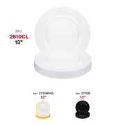 60-pack of clear round disposable charger plates with a smooth 13-inch surface