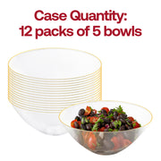 60-pack of clear round disposable plastic bowls with gold trim, 32 oz size