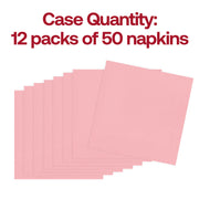 600-count pack of classic pink paper napkins for beverages, 10-inch square when unfolded, disposable and party-ready.