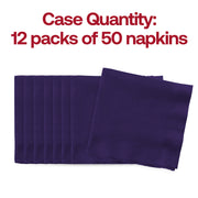 600-count pack of disposable purple beverage napkins, each measuring 10 x 10 inches, perfect for events or catering.