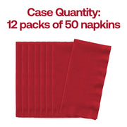 600-count pack of disposable red dinner napkins, each measuring 16 x 16 inches, ideal for catering or parties.