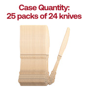 600-pack of shiny gold disposable plastic knives with a sophisticated Baroque pattern, great for formal occasions and celebrations