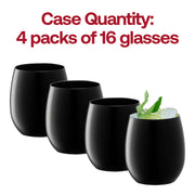 64-pack of black stemless plastic wine glasses, 12 oz capacity, ideal for weddings, parties, and upscale gatherings