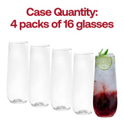 64-pack of clear stemless plastic champagne flutes, 9 oz capacity, ideal for toasting at weddings, parties, and special occasions