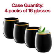 64-pack of disposable black with gold plastic stemless wine glasses, 12 oz, great for serving wine and cocktails with no mess