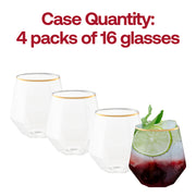 64-pack of disposable clear with gold rim hexagonal plastic wine goblets, 12 oz, great for serving wine and cocktails with no mess