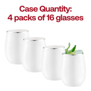 64-pack of disposable white with silver plastic stemless wine glasses, 12 oz, great for serving wine and cocktails with no mess