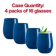 64-pack of solid navy stemless plastic wine glasses, 12 oz capacity, ideal for weddings, parties, and special celebrations