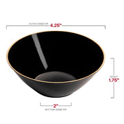 6 oz black dessert bowls with a gold rim, made of plastic, perfect for serving desserts at any occasion