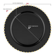 7-inch black disposable salad plates with a decorative gold pearl string edge