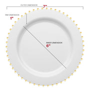 7-inch white disposable salad plates with a decorative gold pearl string edge