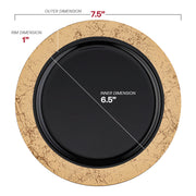 7.5-inch black appetizer plates with a decorative gold marble rim