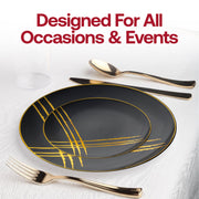 7.5-inch black plastic salad plates with luxurious gold brushstroke accents, perfect for upscale events, pack of 120