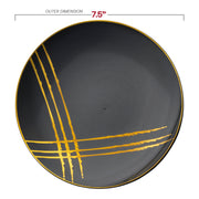 7.5-inch black salad plates with a modern gold brushstroke design