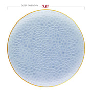 7.5-inch clear blue appetizer plates with a gold hammered glass rim