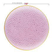 7.5-inch clear pink plastic appetizer plates with a gold rim and hammered glass design