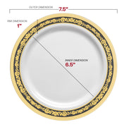 7.5-inch disposable white plastic plates with a luxurious black and gold royal rim