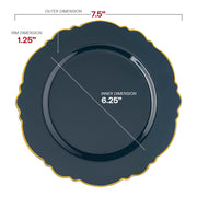 7.5-inch navy blue round appetizer plates featuring a decorative gold rim and blossom design
